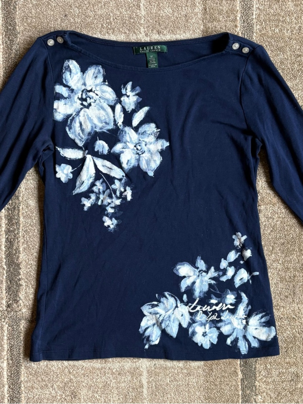 Lauren Ralph Lauren Navy and White Floral Boatneck Top Size Medium EUC buttons